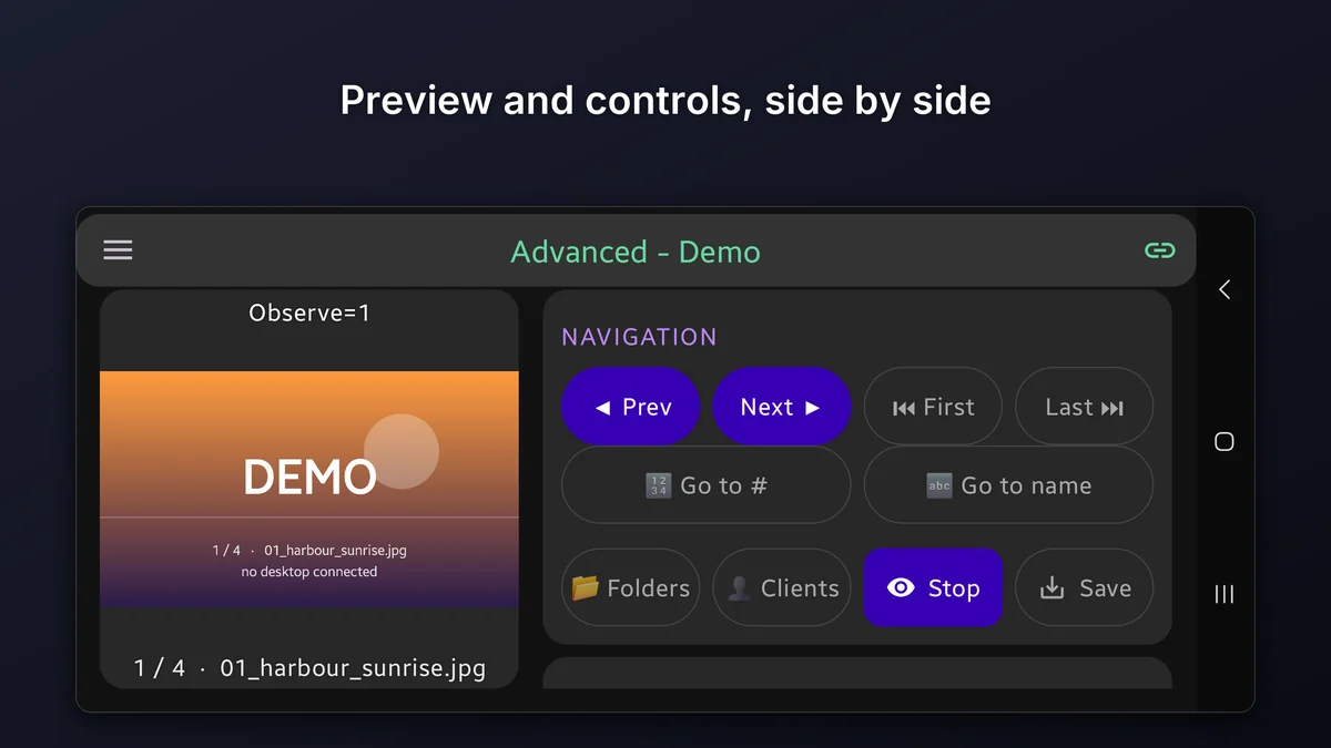 qIV Remote running on an Android phone in landscape, showing the remote control screen